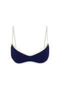 Front view of Soho Bra in midnight with ivory contrast trim, V neckline and thin adjustable straps on white background
