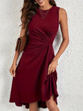 Solid High-low Ruched Tank Dress, Casual Crew Neck Sleeveless A-line Woman