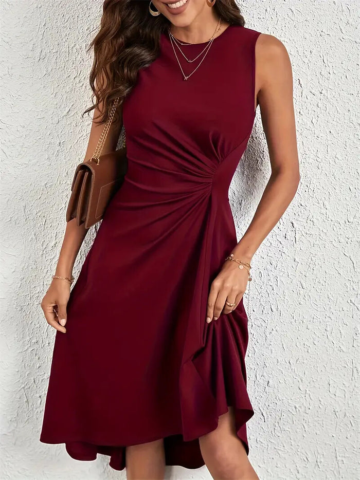 Solid High-low Ruched Tank Dress, Casual Crew Neck Sleeveless A-line Woman
