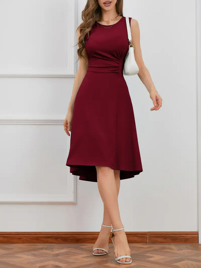Solid High-low Ruched Tank Dress, Casual Crew Neck Sleeveless A-line Woman