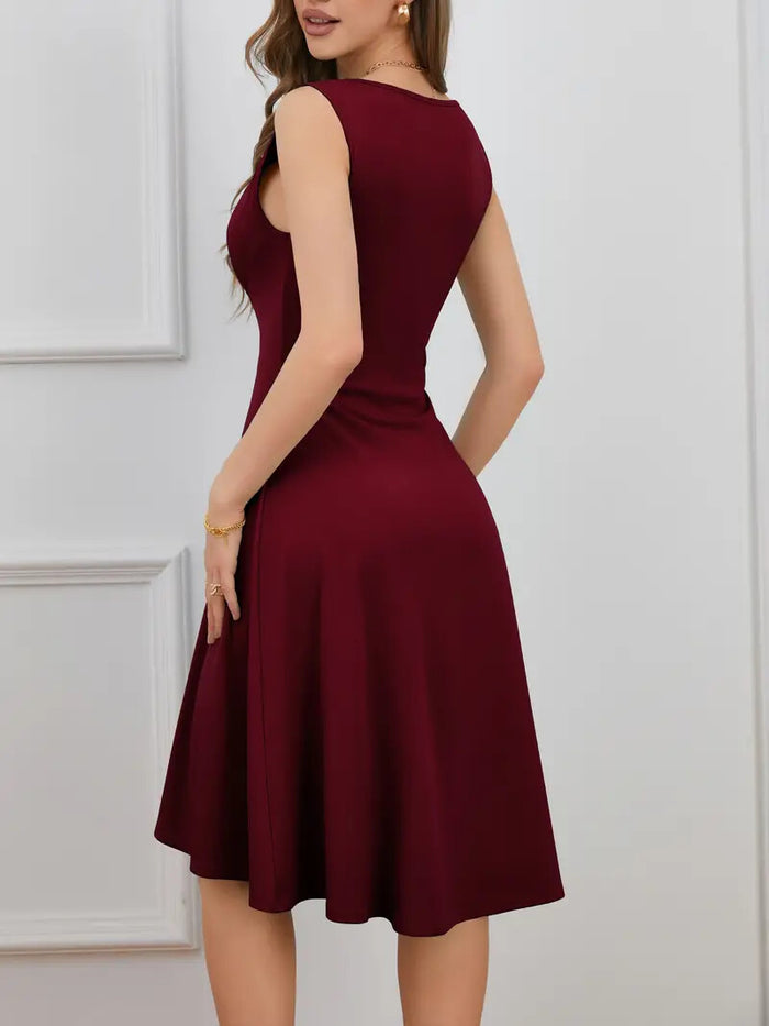Solid High-low Ruched Tank Dress, Casual Crew Neck Sleeveless A-line Woman