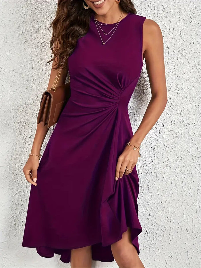 Solid High-low Ruched Tank Dress, Casual Crew Neck Sleeveless A-line Woman