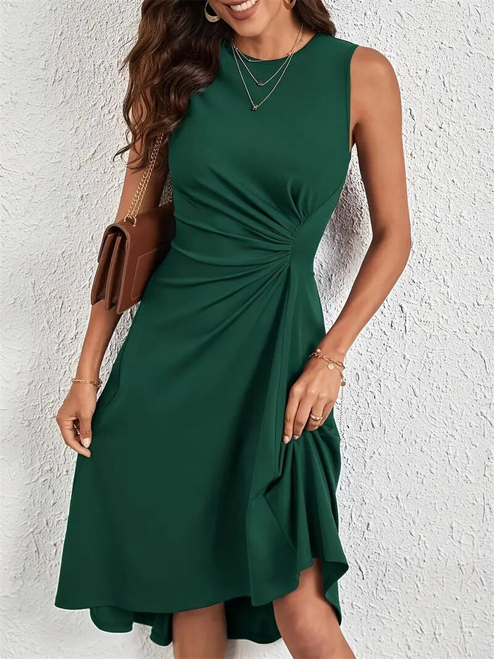 Solid High-low Ruched Tank Dress, Casual Crew Neck Sleeveless A-line Woman
