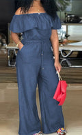 Solid Off Shoulder Tie Waist Jumpsuit Elegant Ruffle Trim Wide Leg Jumpsuit Wome