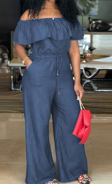 Solid Off Shoulder Tie Waist Jumpsuit Elegant Ruffle Trim Wide Leg Jumpsuit Wome