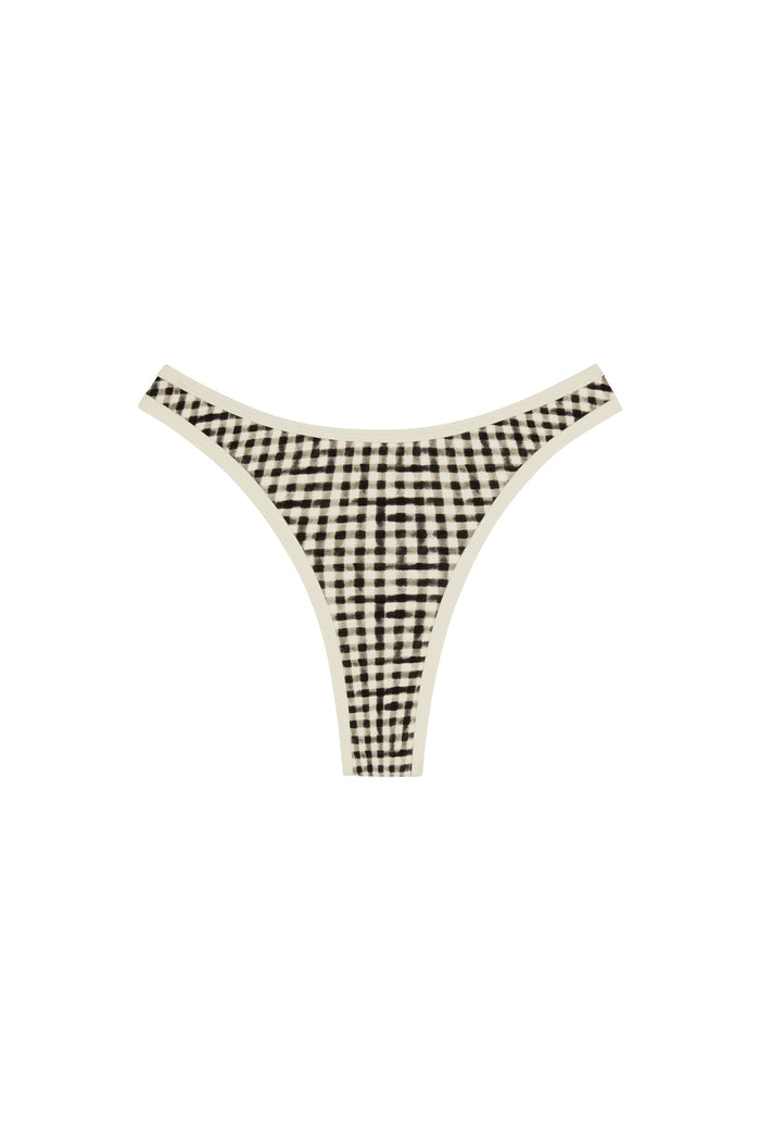 Front view of Somerset Bottom in Black Gingham showing high-cut mid-rise leg, cheeky coverage, and contrast cream binding on white background