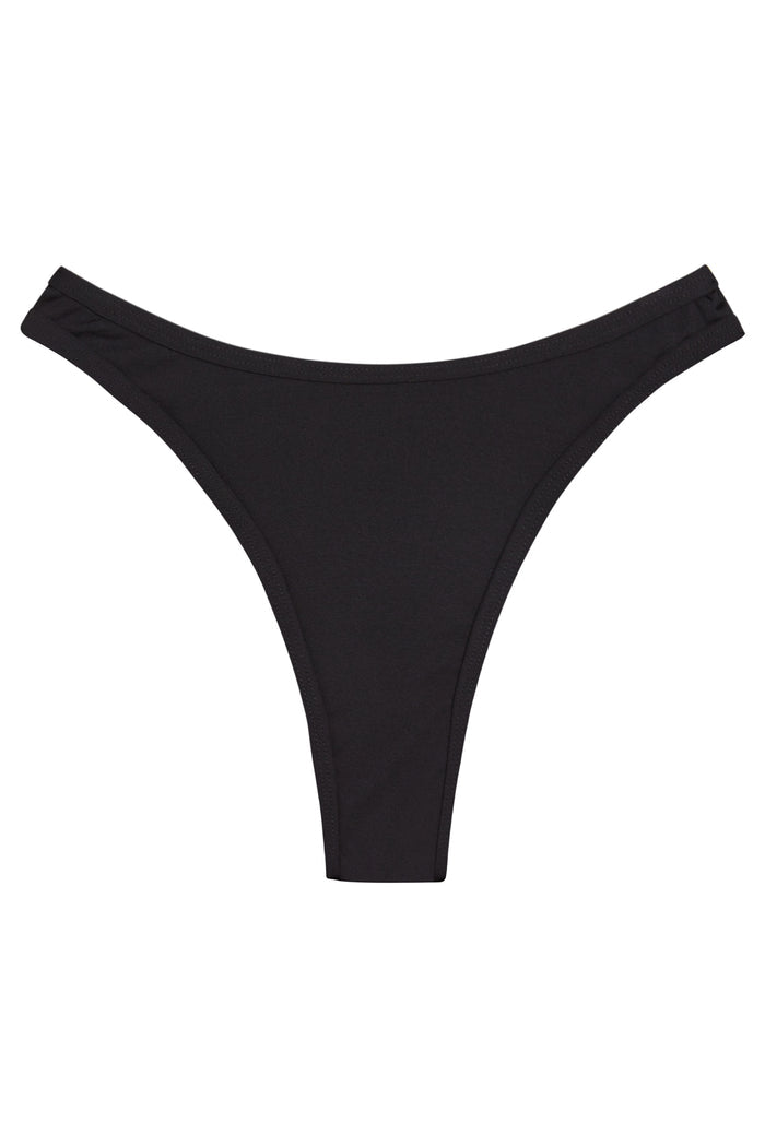 Black thong bikini bottom laid flat on white background