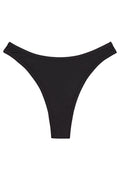 Black thong bikini bottom laid flat on white background