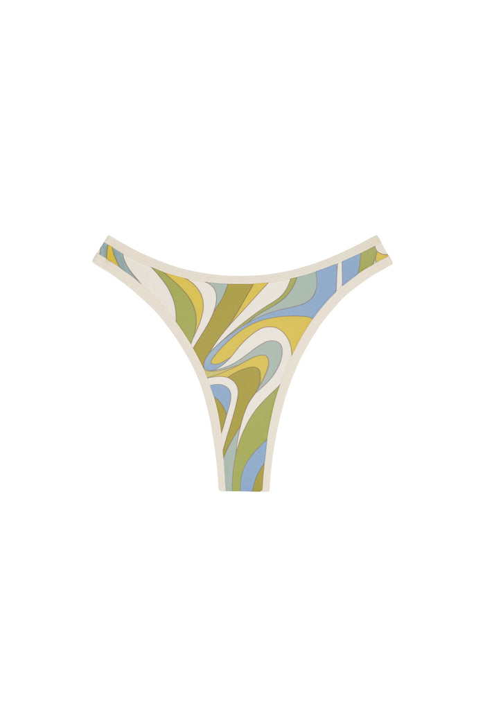 Front view of Somerset Bottom in Costa Rei Apple/Ivory, high-cut thong with swirled green, blue and yellow print on white
