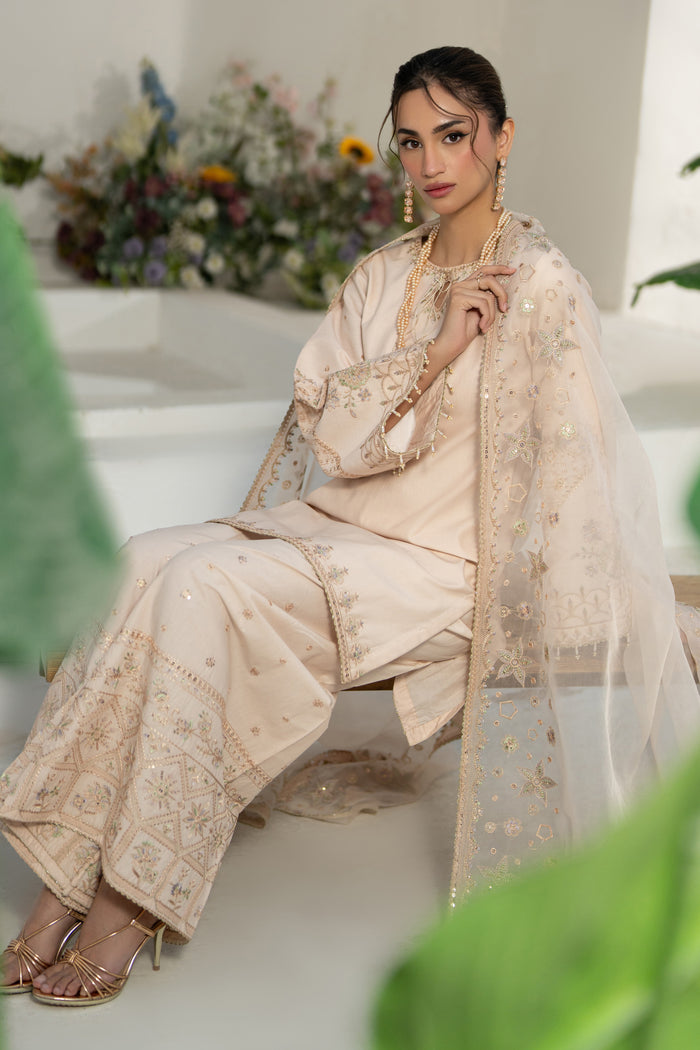 NAQSHI Soni embroidered culottes with intricate border design, displayed front-on