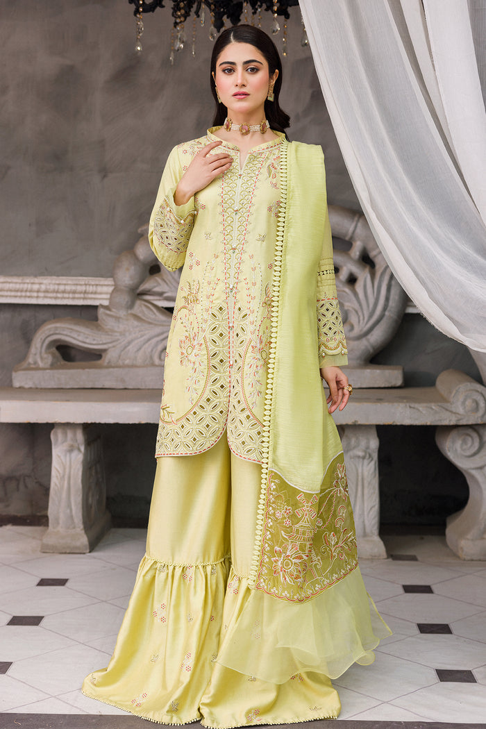 Front full view of Sophie pistachio embroidered short gown and sharara set with cotton organza dupatta