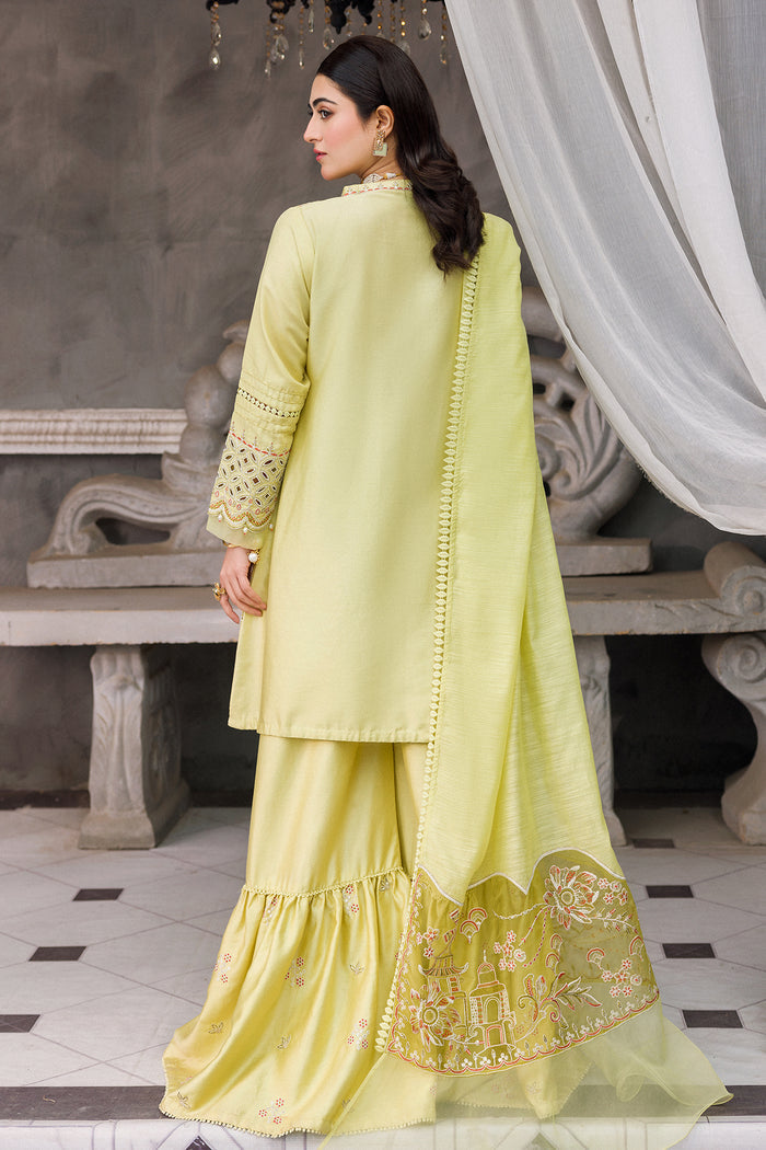 Back view of Sophie pistachio short gown sharara dress showing gown length and silhouette