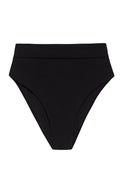 Top-front view of Sorrento Bottom in black showcasing high-waist band and moderate coverage on white background