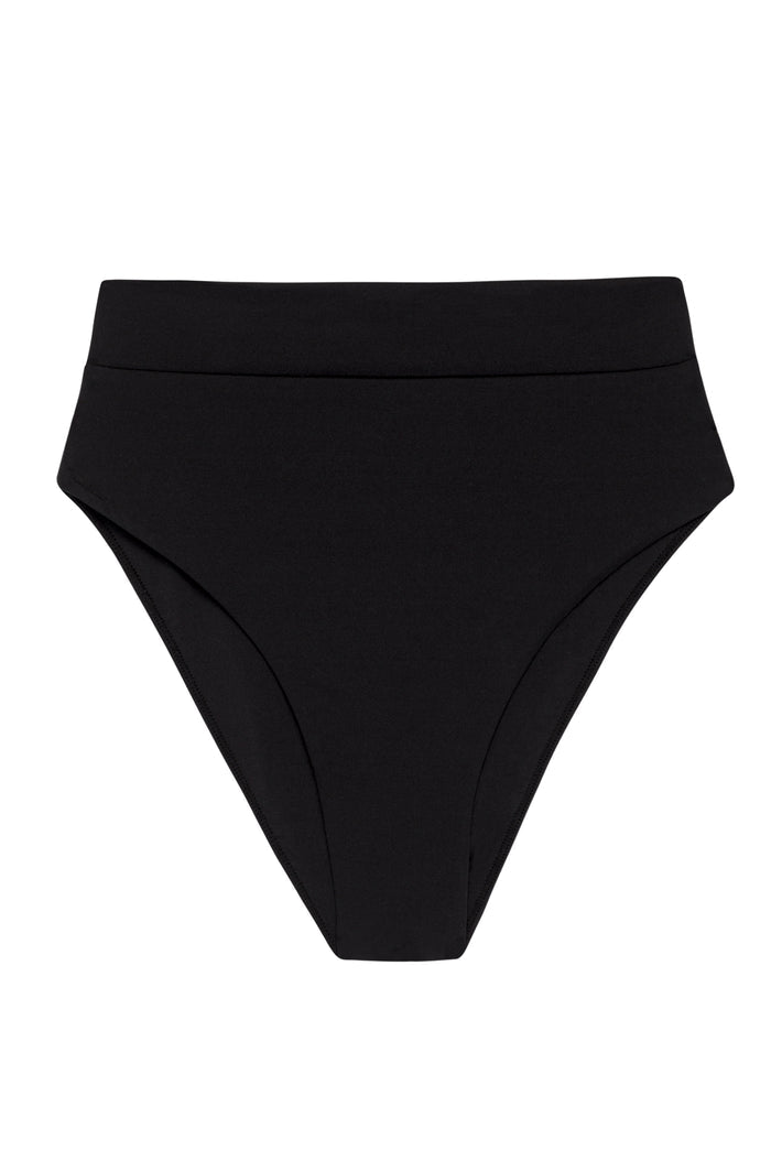 Top-front view of Sorrento Bottom in black showcasing high-waist band and moderate coverage on white background