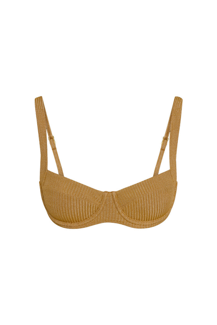 Front close-up of Sorrento Top in antique gold lurex rib showing ribbed shimmer fabric, underwire and adjustable straps