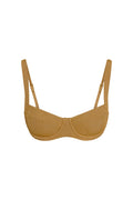 Front close-up of Sorrento Top in antique gold lurex rib showing ribbed shimmer fabric, underwire and adjustable straps