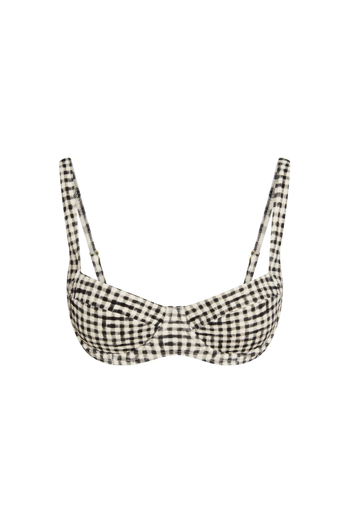 Front view of Sorrento Top in Black Gingham showcasing demi underwire cups and adjustable shoulder straps on white background