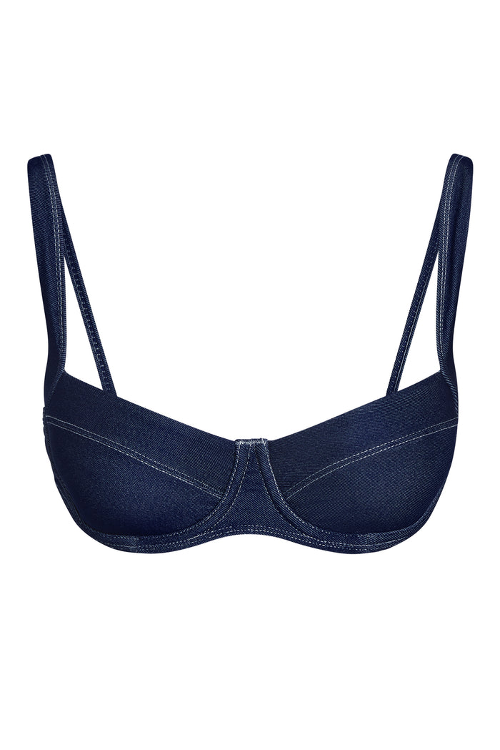 Front view of Sorrento Top in blue denim showcasing underwire cups and adjustable straps on white background