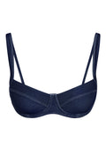 Front view of Sorrento Top in blue denim showcasing underwire cups and adjustable straps on white background