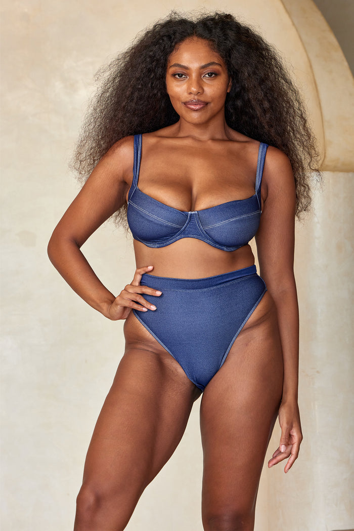 Front view of Sorrento Top in Blue Denim showcasing underwire cups and adjustable straps on model against a neutral background