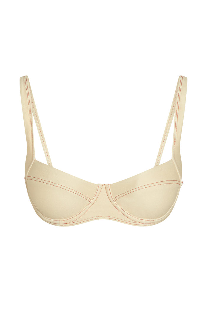 Front view of Sorrento Top in Champagne Denim, underwire cups with curved topstitching and adjustable straps, white background
