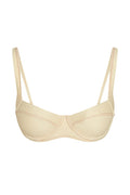 Front view of Sorrento Top in Champagne Denim, underwire cups with curved topstitching and adjustable straps, white background