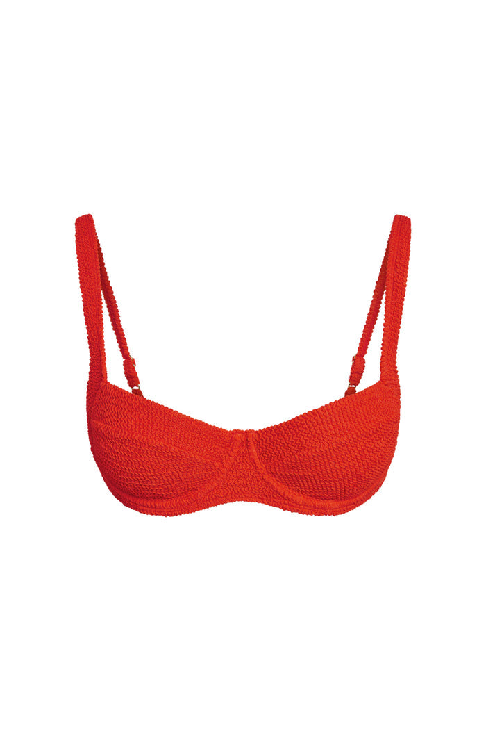 Front close up of Sorrento Top in chili pepper crinkle showing demi underwire cups, adjustable straps on white background