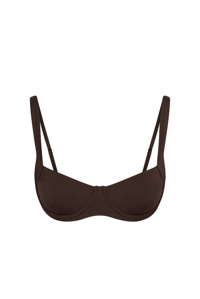 Front view of Sorrento Top in espresso showing demi underwire cups, adjustable shoulder straps and adjustable back tie on white background