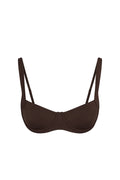Front view of Sorrento Top in espresso showing demi underwire cups, adjustable shoulder straps and adjustable back tie on white background