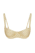 Beige and white geometric-pattern underwire balconette bikini top with adjustable shoulder straps.