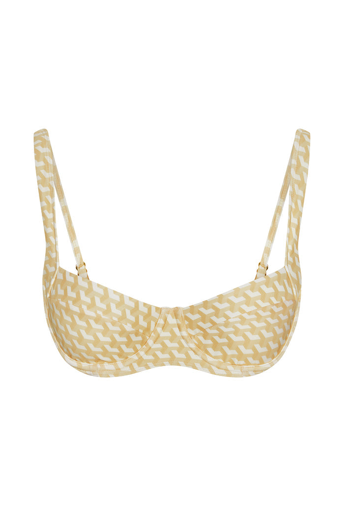 Beige and white geometric-pattern underwire balconette bikini top with adjustable shoulder straps.