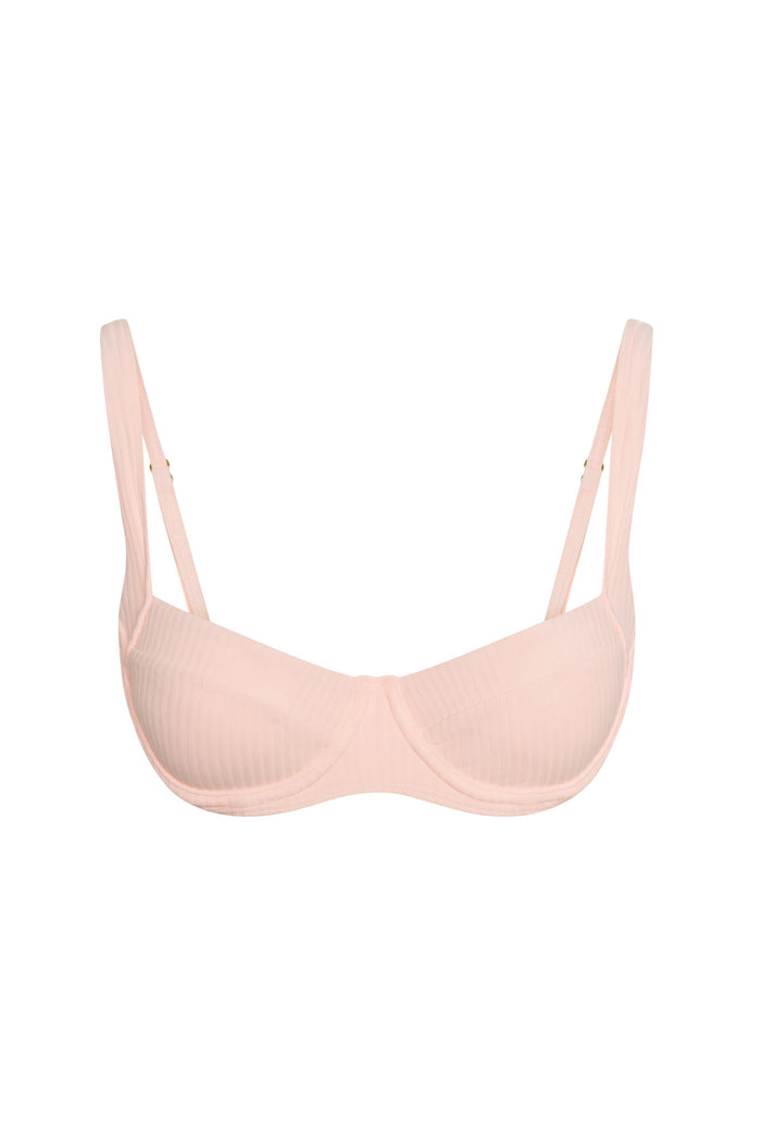 Front view of Sorrento Top in powder pink rib with underwire cups, ribbed fabric and adjustable straps on white background