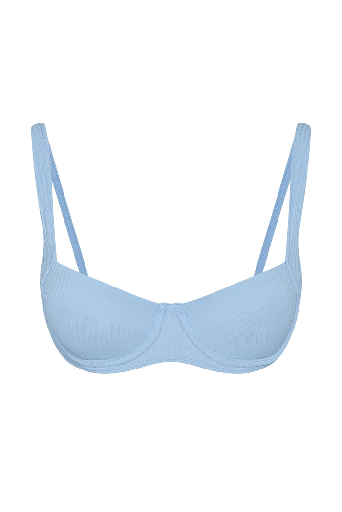 Front view of Sorrento swim top in sky rib with underwire cups, thin adjustable straps, ribbed texture on white background