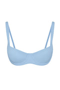 Front view of Sorrento swim top in sky rib with underwire cups, thin adjustable straps, ribbed texture on white background