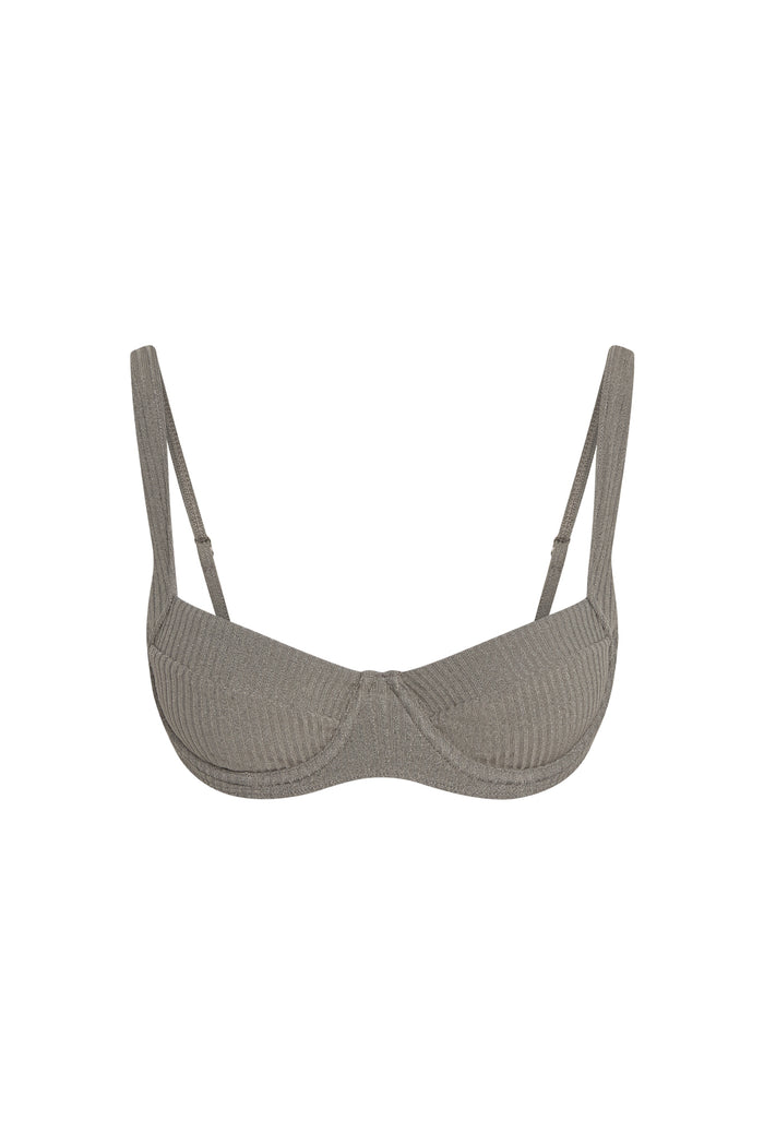 Front view of Sorrento Top in steel lurex rib showing demi underwire cups, adjustable straps, ribbed metallic knit on white