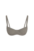 Front view of Sorrento Top in steel lurex rib showing demi underwire cups, adjustable straps, ribbed metallic knit on white