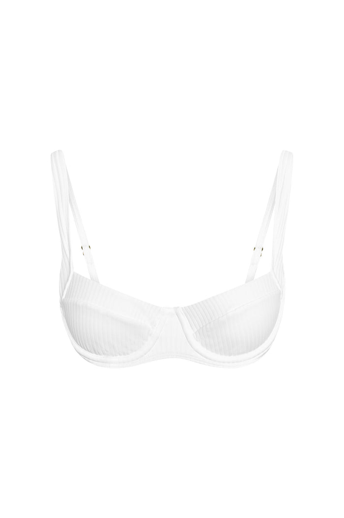 Front view of Sorrento Top in Optic White Rib showing demi underwire cups, ribbed texture and adjustable straps on white