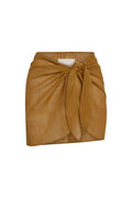 Front view of South Beach Sarong showcasing adjustable tie-front knot, rounded hem and semi-sheer linen on white background