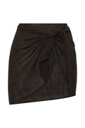 Front view of South Beach Sarong in black crinkle showcasing a front knot wrap detail and sheer crinkled texture on white background