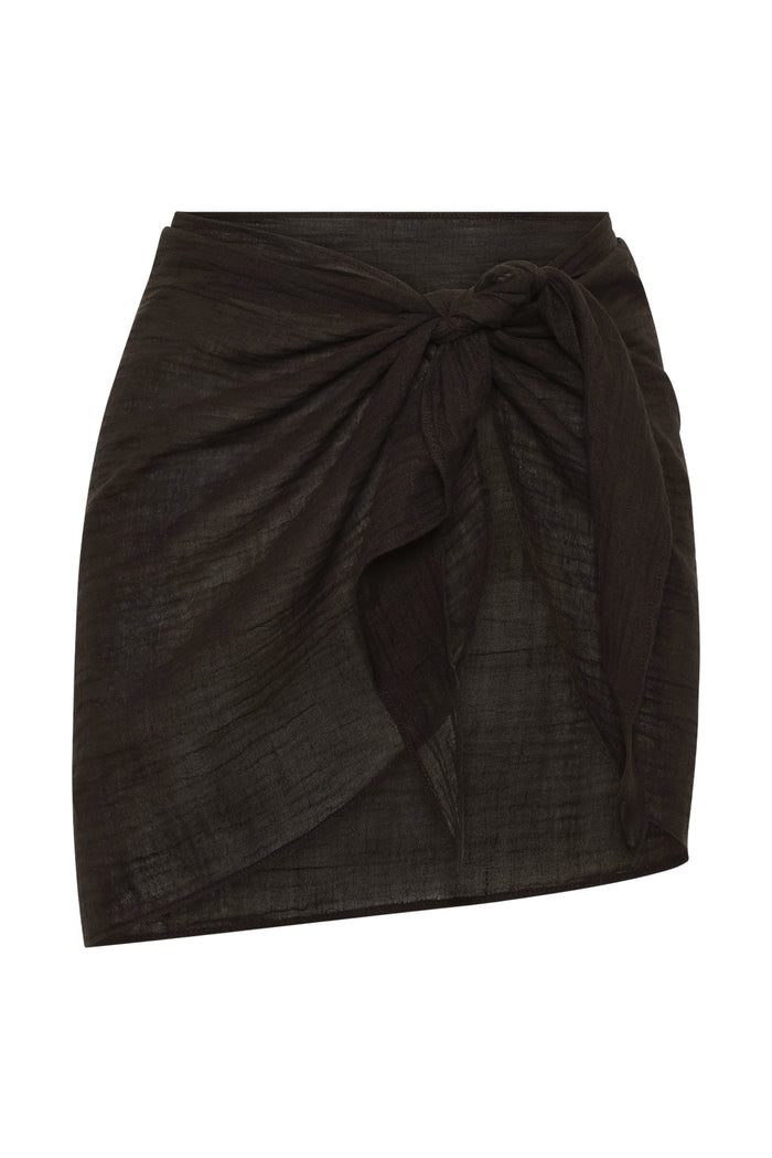 Front view of South Beach Sarong in black crinkle showcasing a front knot wrap detail and sheer crinkled texture on white background