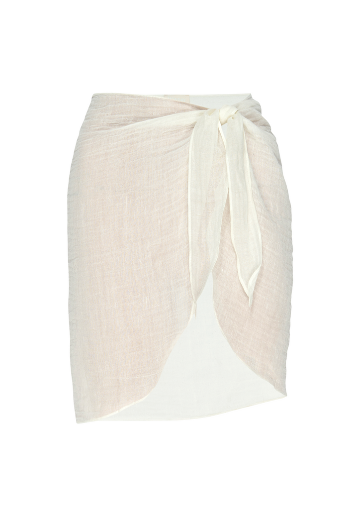 Front close-up of South Beach Sarong, Ivory Crinkle, showing tied waist bow and overlapping front panels on white background