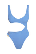 Light blue textured one-piece swimsuit with asymmetric cutout and amber ring detail on left hip