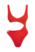 Front close-up of St. Barth’s one-piece in chili pepper showing V-neck, side cutout, high-cut leg and gold O-ring on white