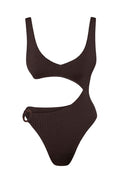 Ribbed chocolate-brown one-piece swimsuit with asymmetrical midriff cutout and tortoiseshell ring on left hip.