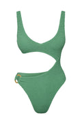 Front close-up of St. Barth’s One Piece in Pond Crinkle showcasing crinkle texture, asymmetrical waist cutout and gold hip ring on white background