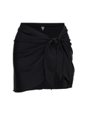 Close-up front of St. Barth’s Skirt in black showcasing adjustable side-tie wrap and mini length on white background