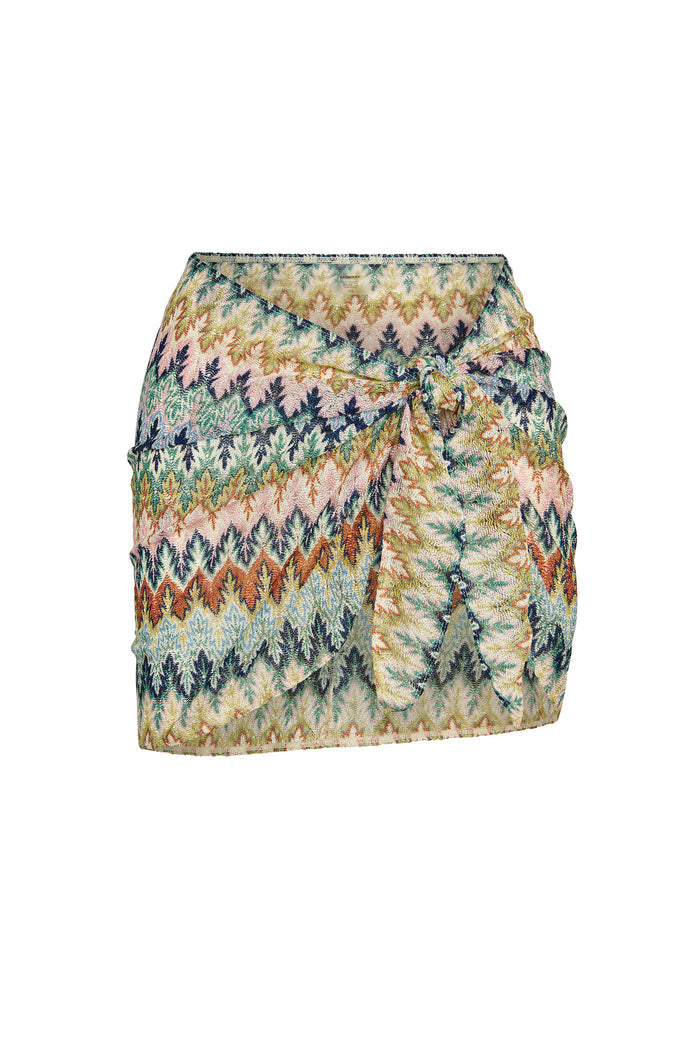 Front view of St. Barth’s Skirt Porto Cervo Multi showing knotted wrap detail and multicolor zigzag knit on white background