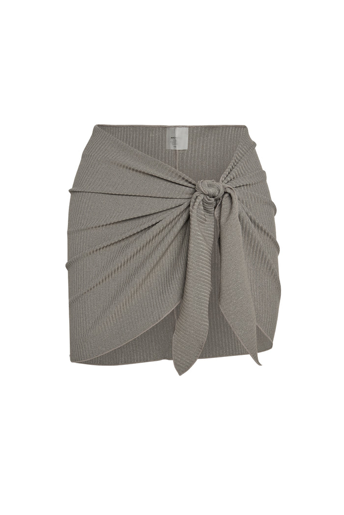 Front view of St. Barth's Skirt in Steel Lurex Rib showing knotted wrap-front and ribbed shimmer fabric on white background