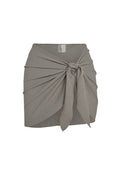 Front view of St. Barth's Skirt in Steel Lurex Rib showing knotted wrap-front and ribbed shimmer fabric on white background