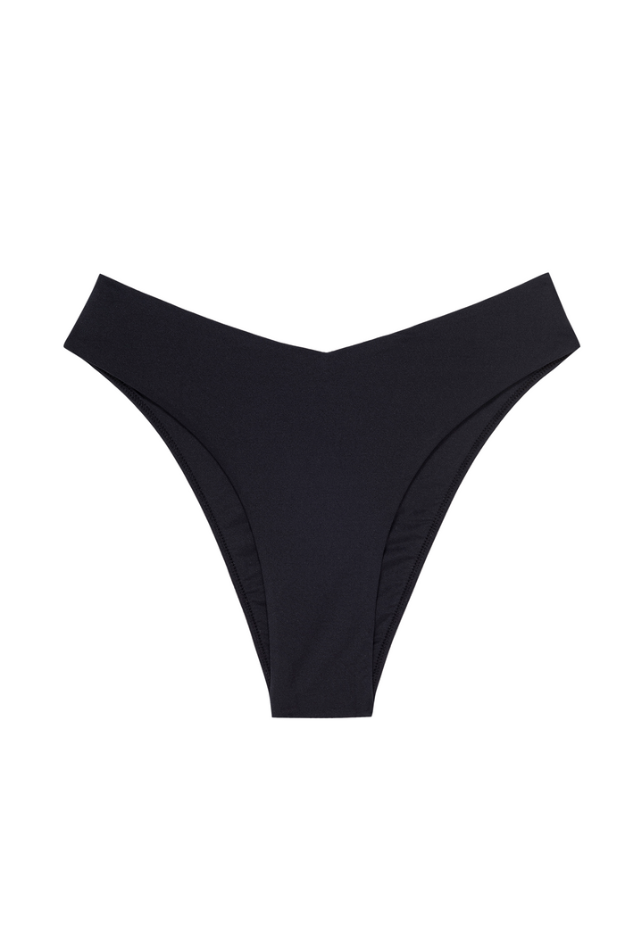 Black high-cut bikini bottoms with V-shaped waistband, flat-lay on white background.